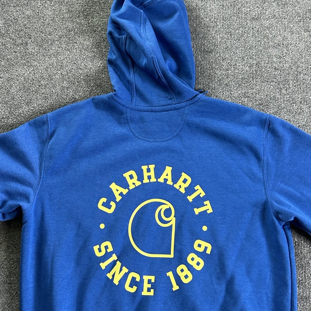 Carhartt Fleece Hoodie Mens Large Blue Rain Defender Pullover Logo Sleeve - Picture 10 of 10